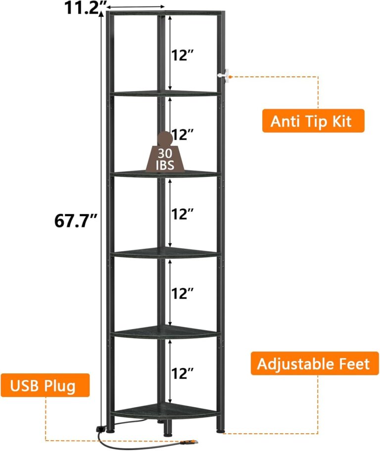 Furnulem 6 Tier Corner Shelf with LED Light, 67.5” Tall Standing Shelf Organizer, Black Narrow Bookshelf with Storage Rack for Wall Corner, Living Room, Bedroom, Metal Frame, Wood Display Shelf 61xsq18oqol. ac sl1500