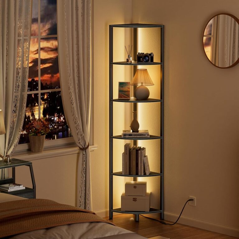Furnulem 6 Tier Corner Shelf with LED Light, 67.5” Tall Standing Shelf Organizer, Black Narrow Bookshelf with Storage Rack for Wall Corner, Living Room, Bedroom, Metal Frame, Wood Display Shelf 71qziraehxl. ac sl1500