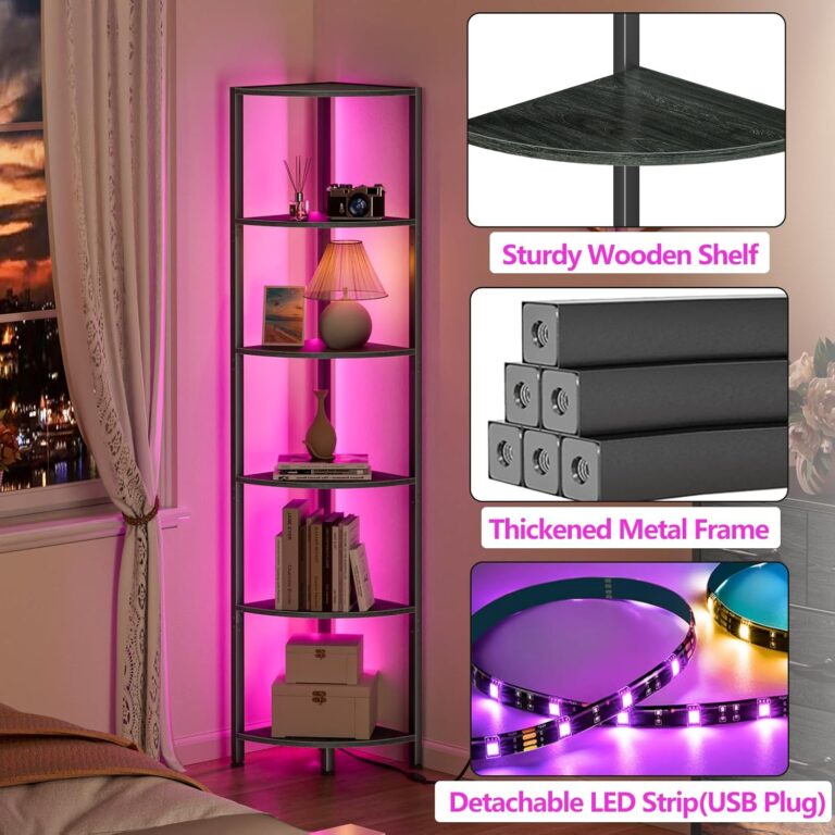 Furnulem 6 Tier Corner Shelf with LED Light, 67.5” Tall Standing Shelf Organizer, Black Narrow Bookshelf with Storage Rack for Wall Corner, Living Room, Bedroom, Metal Frame, Wood Display Shelf 71gs1obalgl. ac sl1500