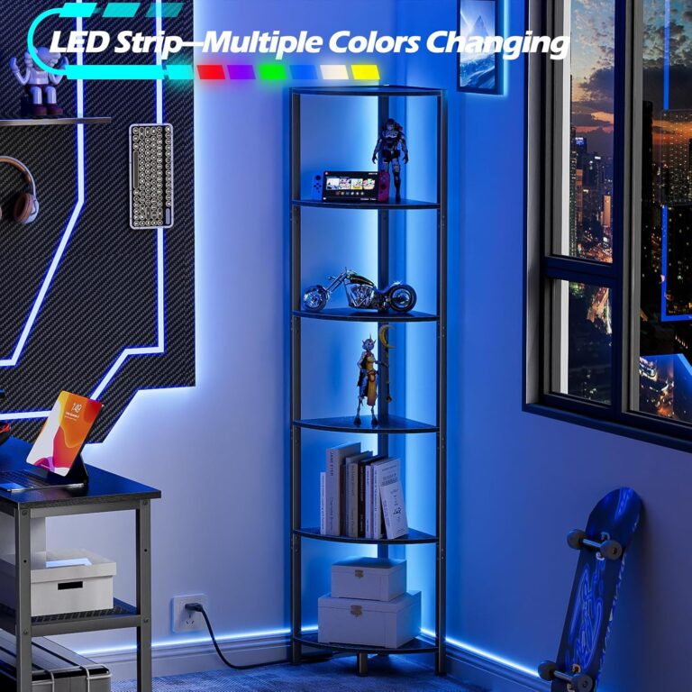 Furnulem 6 Tier Corner Shelf with LED Light, 67.5” Tall Standing Shelf Organizer, Black Narrow Bookshelf with Storage Rack for Wall Corner, Living Room, Bedroom, Metal Frame, Wood Display Shelf 81anebyeynl. ac sl1500
