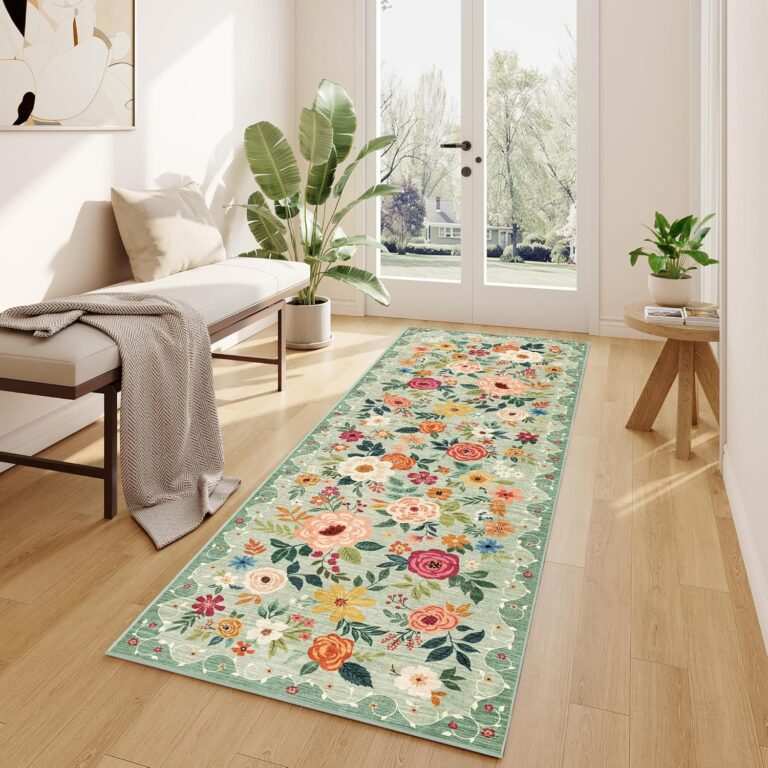 DUKINO 2x6 Kitchen Runner Rug for Hallway, Washable Runner Rug with Non Slip Backing, Low Pile Soft Boho Spring Floral Carpet for Kitchen, Hallway, Entryway, Laundry, Bedroom, Green 91zfk06 cpl. ac sl1500