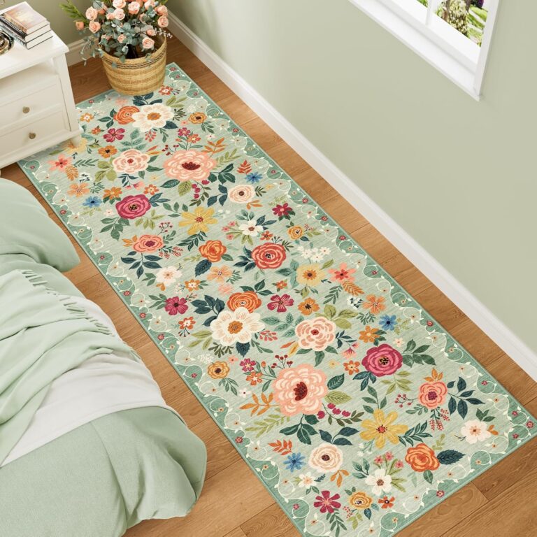 DUKINO 2x6 Kitchen Runner Rug for Hallway, Washable Runner Rug with Non Slip Backing, Low Pile Soft Boho Spring Floral Carpet for Kitchen, Hallway, Entryway, Laundry, Bedroom, Green 91cennq9fgl. ac sl1500