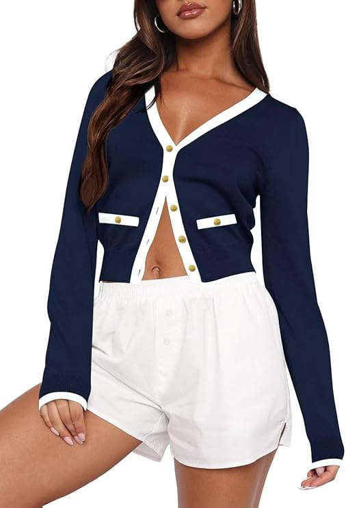 Women's Cropped Cardigan Sweater | Color Block Knit Cardigan, Lightweight Fall Layering Top 61ahzhdmwdl. ac sy741