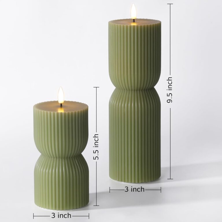 Olive Green Ribbed Flameless LED Pillar Candles – Flickering Real Wax, Remote Operated (Set of 2) 61sbpb jbal. ac sl1500