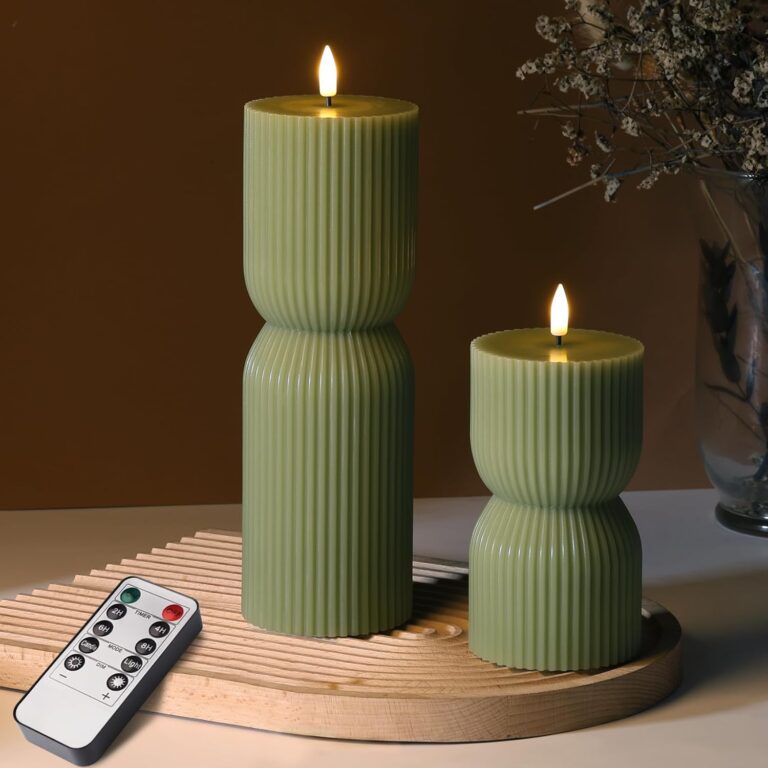 Olive Green Ribbed Flameless LED Pillar Candles – Flickering Real Wax, Remote Operated (Set of 2) 710kq7kp4el. ac sl1500