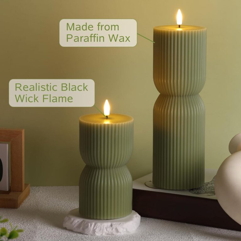 Olive Green Ribbed Flameless LED Pillar Candles – Flickering Real Wax, Remote Operated (Set of 2) 718g6kbuowl. ac sl1500