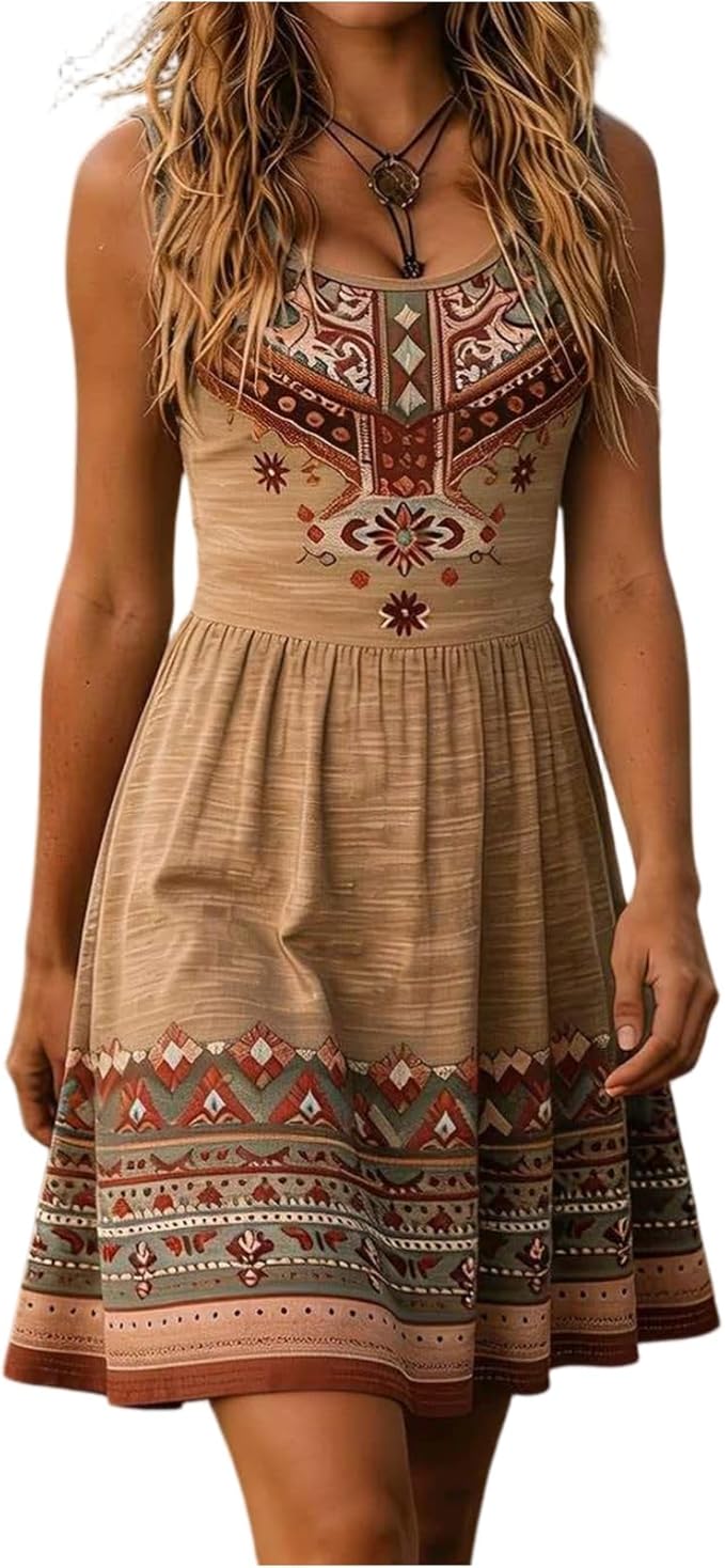 Women's Boho Floral Summer Sundress – Sleeveless Tiered Swing A-Line Beach Mini Dress 71b+jja+gjl. ac sx679