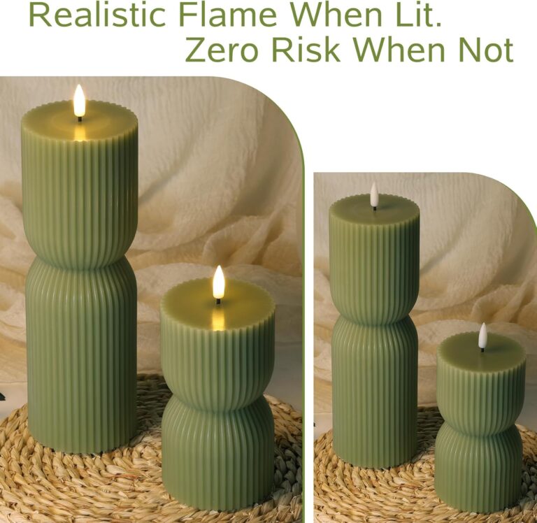 Olive Green Ribbed Flameless LED Pillar Candles – Flickering Real Wax, Remote Operated (Set of 2) 71hohlvvzhl. ac sl1500