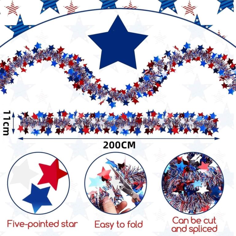 80" Vintage 4th of July Patriotic Tinsel Garland – Red, White, & Blue Metallic Twist for Independence Day Decorations 71xljij0 2l. ac sl1500