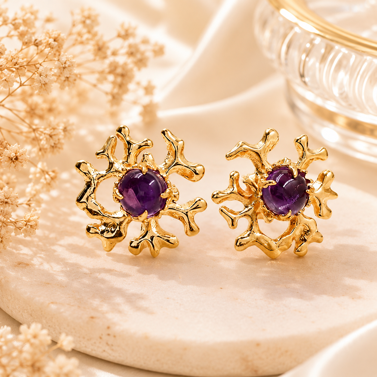 Natural Amethyst Sterling Silver Gold Plated Round Studs