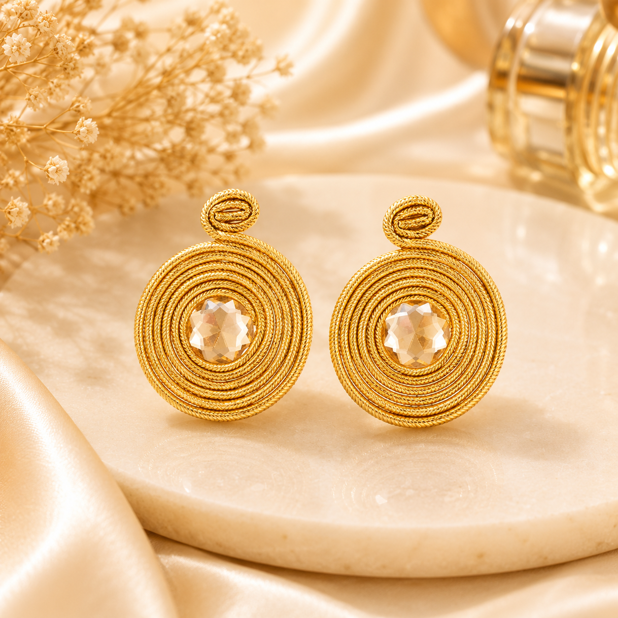 Large Chunky Gold Coiled Wire Disc Drop Earrings