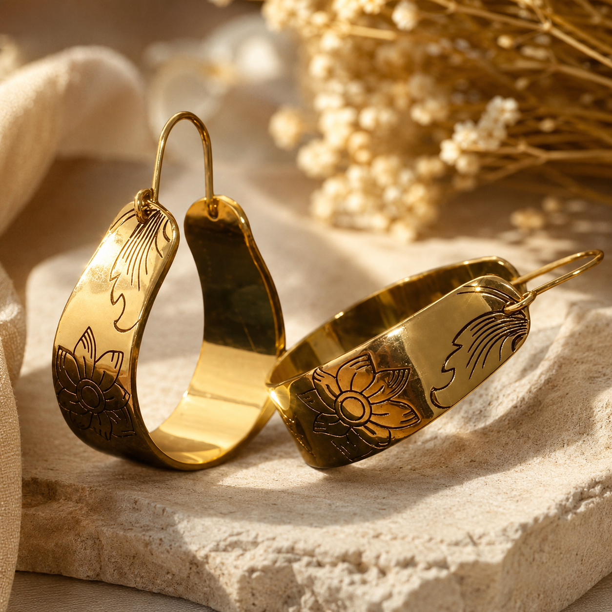 Floral Engraved Copper Gold Elegant Hoops
