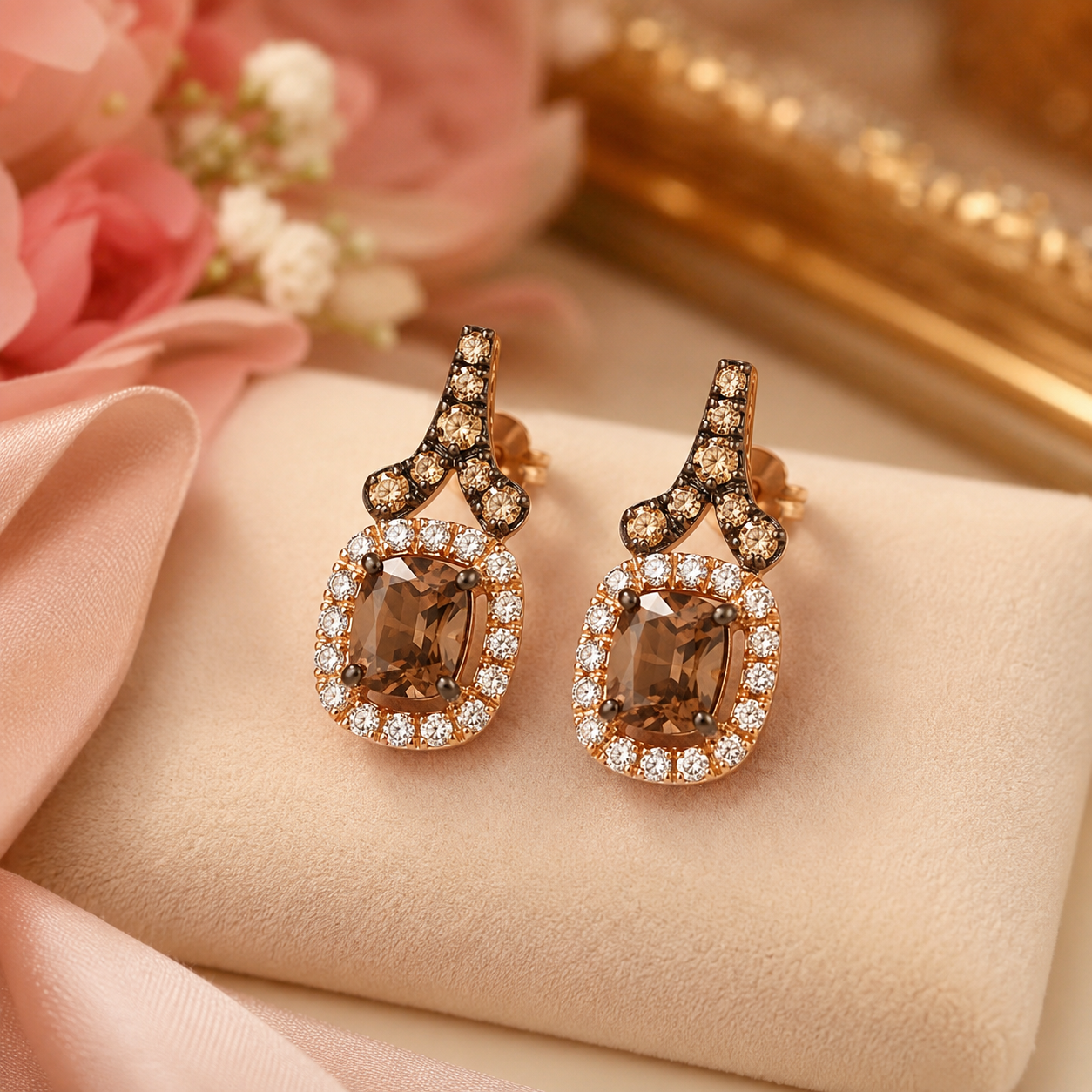 Vintage Cushion Cut Halo Cluster Stud Earrings